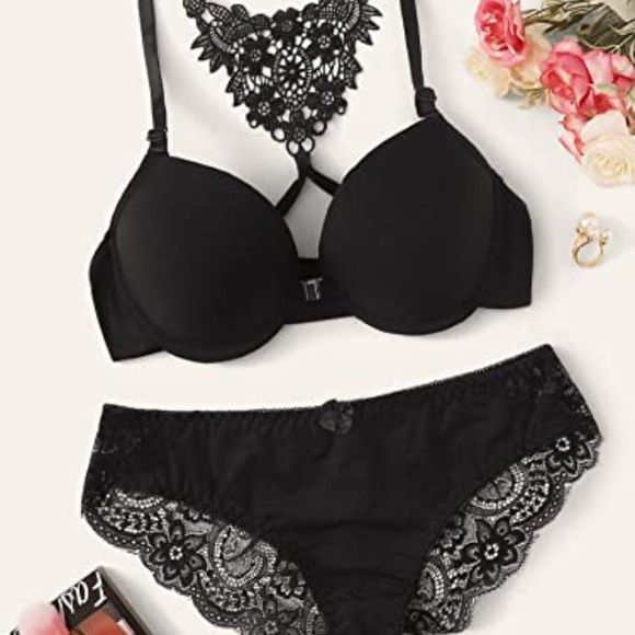 WDIRARA Women's Floral Lace Mesh Scallop Lingerie Set Bra and Bow Panty - Picture 5 of 5